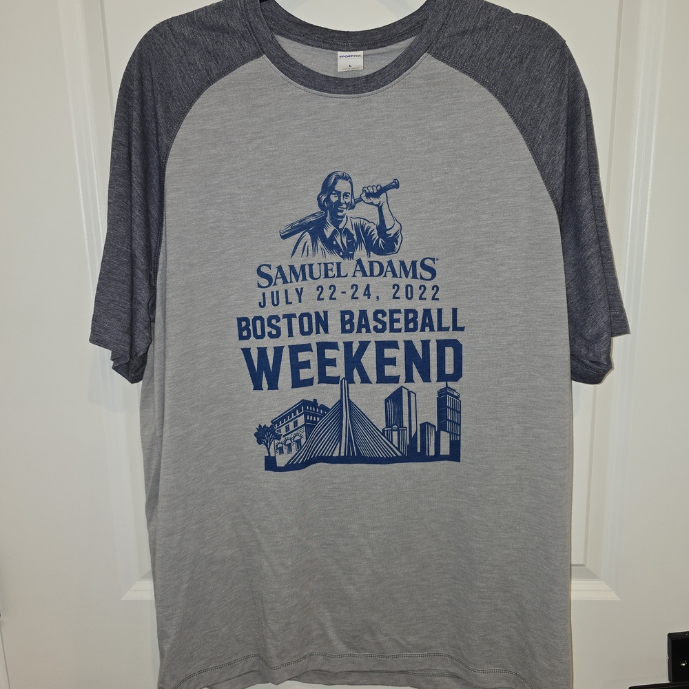 Gildan Gray and Blue Baseball Weekend T-Shirt, Sam Adams, Boston Baseball,‎ Fun